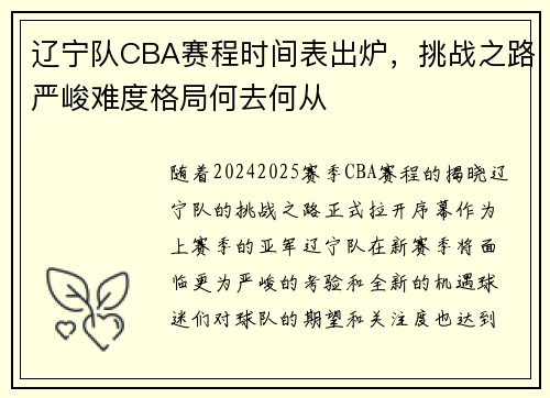 辽宁队CBA赛程时间表出炉，挑战之路严峻难度格局何去何从