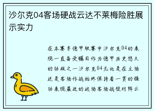 沙尔克04客场硬战云达不莱梅险胜展示实力